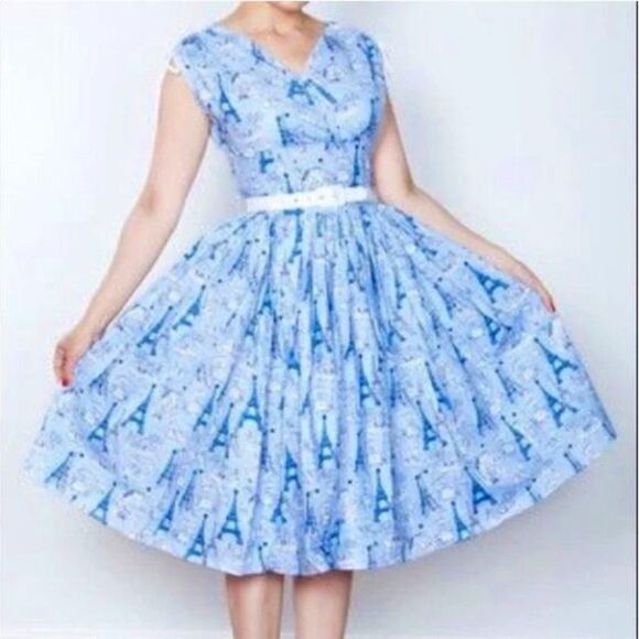 BERNIE DEXTER - Rare Vintage Retro Blue Paris Print Dress, Pin-up Style, M - Picture 1 of 6